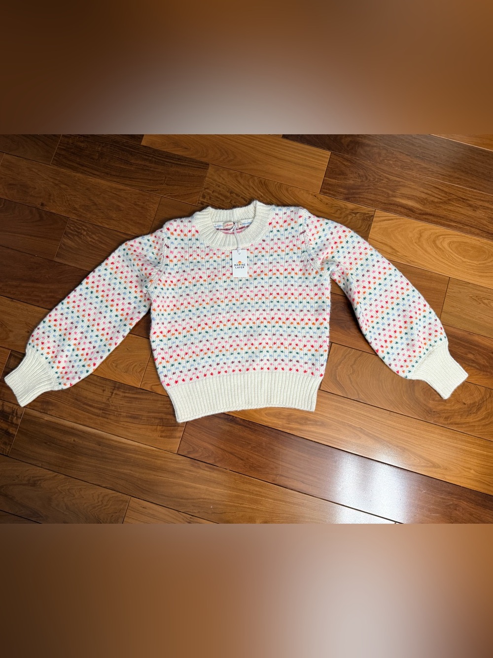 Marine Layer Cream Crewneck Sweater with Multicolor Dot Pattern